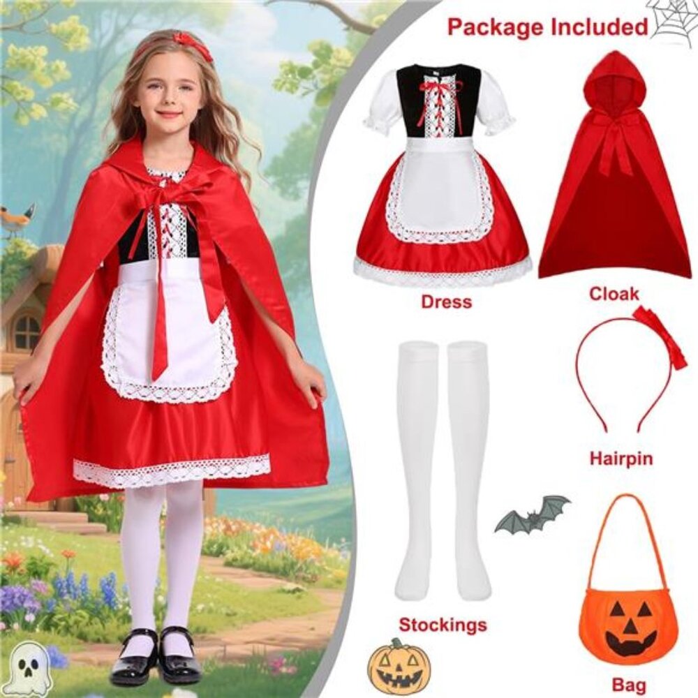 Little Red Riding Hood Costume Dress for Girls Kids Halloween Costumes - Picture 2 of 6